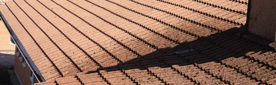 Taktvätt på halva taket av viken förskola där man ser effekten av taktvätten